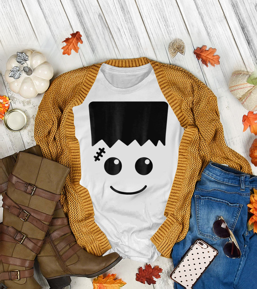 Cute Frankenstein Face Halloween Smiling Cartoon T-Shirt