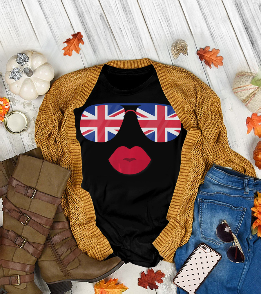 British Flag Sunglasses and Lips Union Jack T-Shirt
