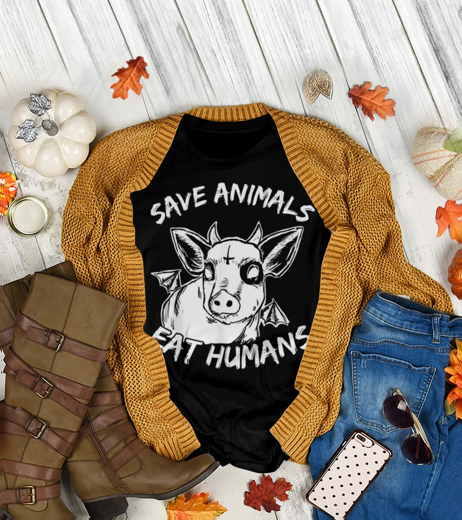 Save Animals Eat Humans Satanic Cow Heifer with Bat Wings T-Shirt