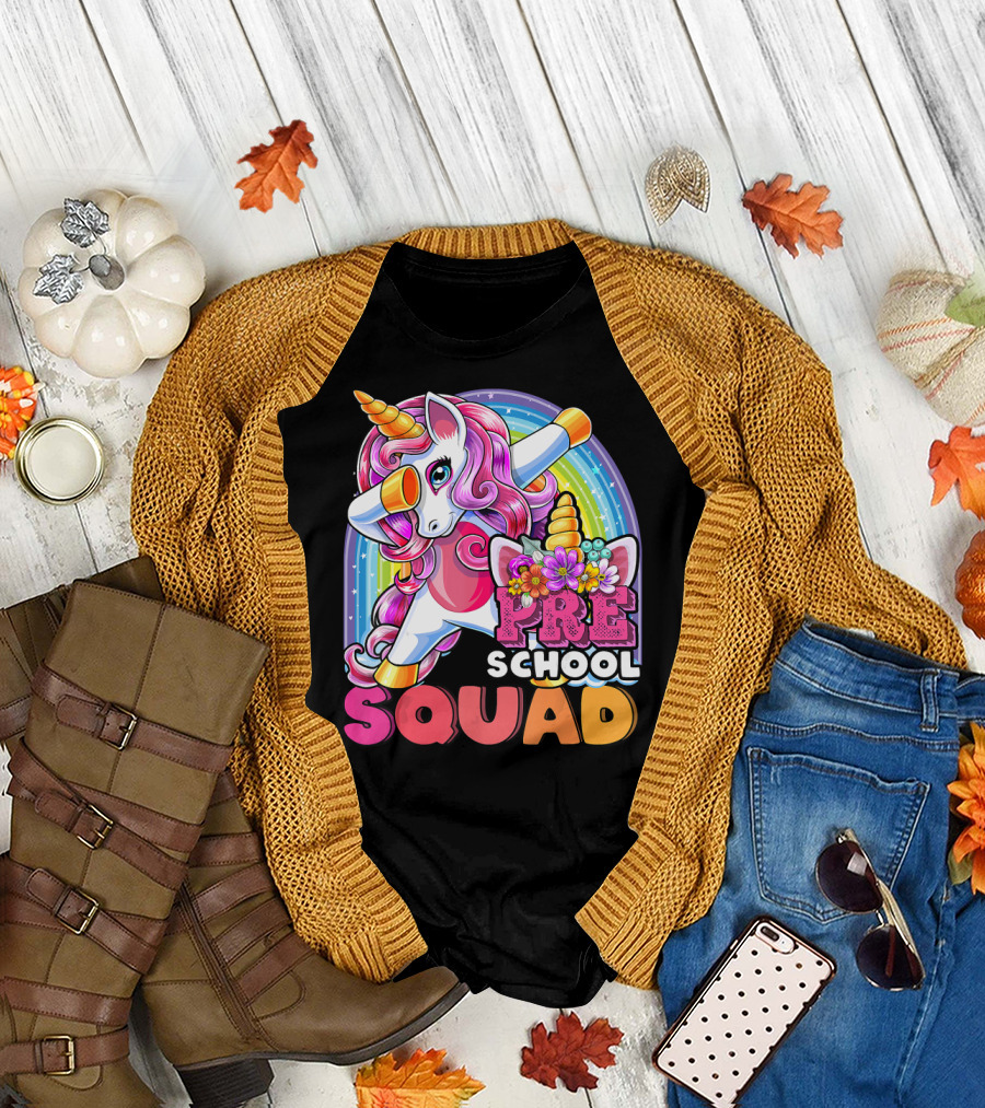 Preschool Squad Dabbing Unicorn Rainbow Flowers Back to School T-Shirt