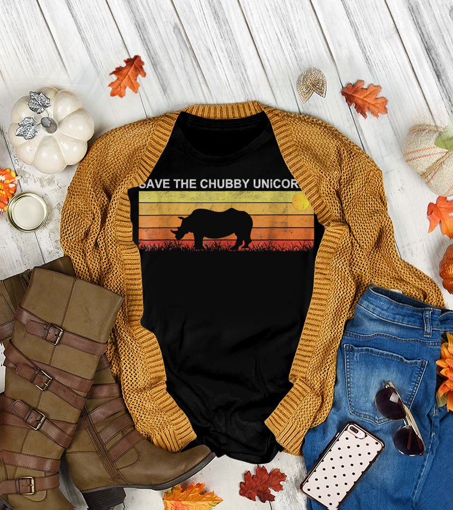 Save The Chubby Unicorns Rhino Vintage Retro Sunset T-Shirt