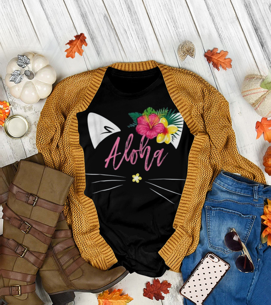 Aloha Kitty Hawaii Island Cute Cat Flowers T-Shirt