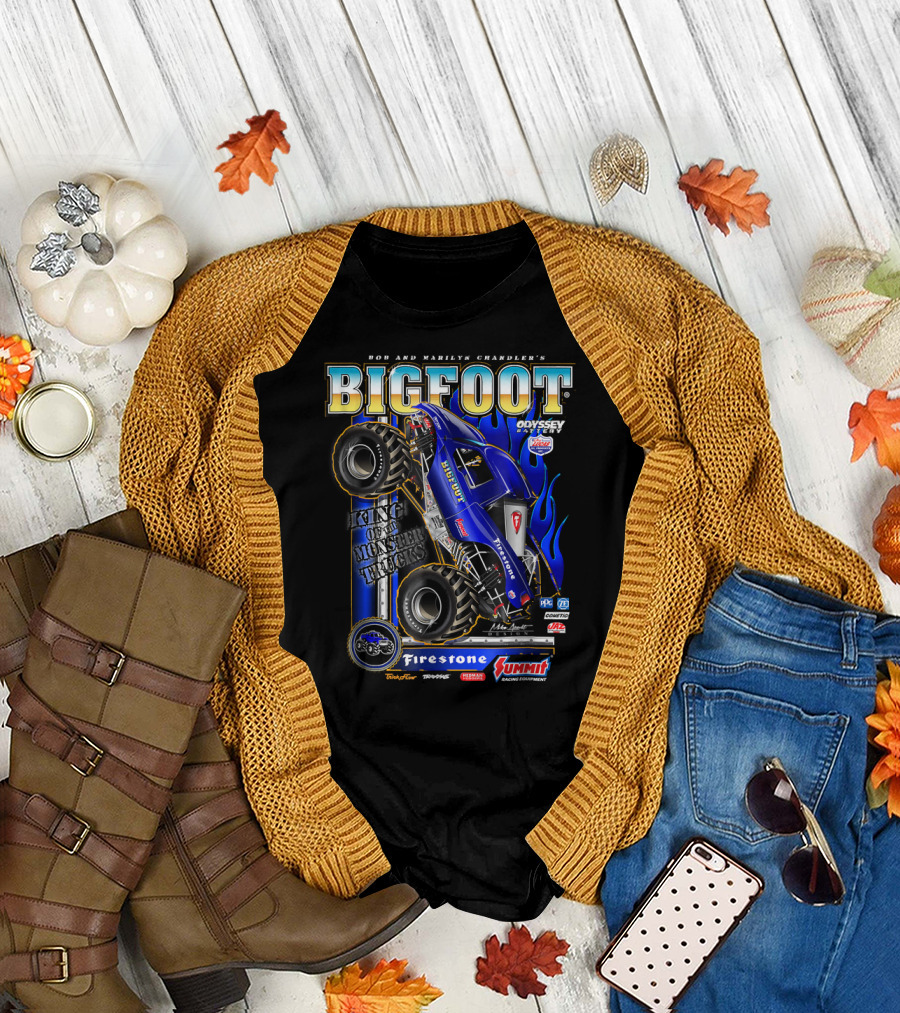 Bob and Marilyn Chandler's King of the Monster Trucks BIGFOOT Firestone Summit Racing Equipment Odyssey Holley MSD Hooker Headers T-Shirt