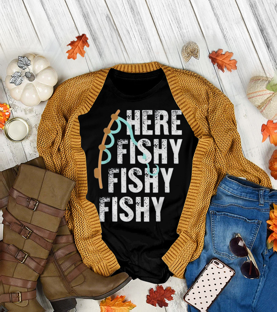 Here Fishy Fishy Lucky Fisherman Rod T-Shirt