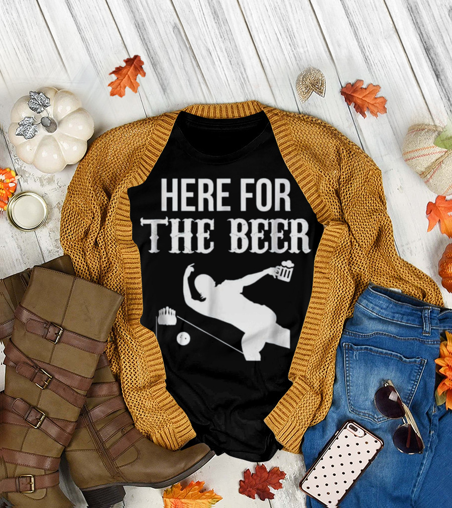 Here for the Beer Bowling Silhouette with Beer Mug and Pins T-Shirt