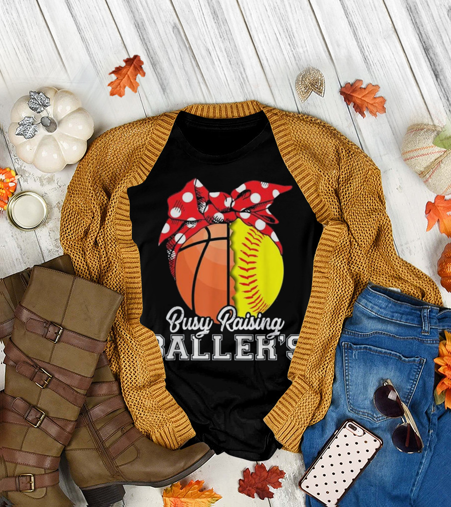 Busy Raising Baller's Basketball Softball Polka Dot Bow T-Shirt