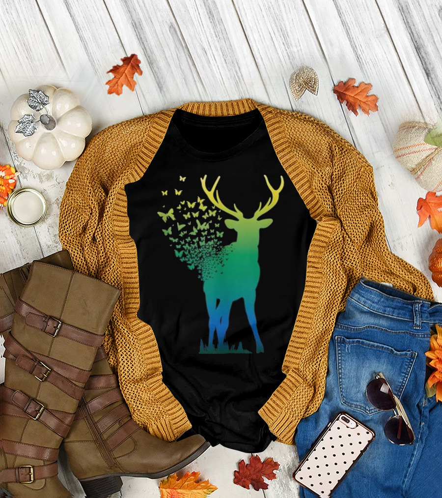 Butterfly Buck Antlers Nature Scene Deer T-Shirt