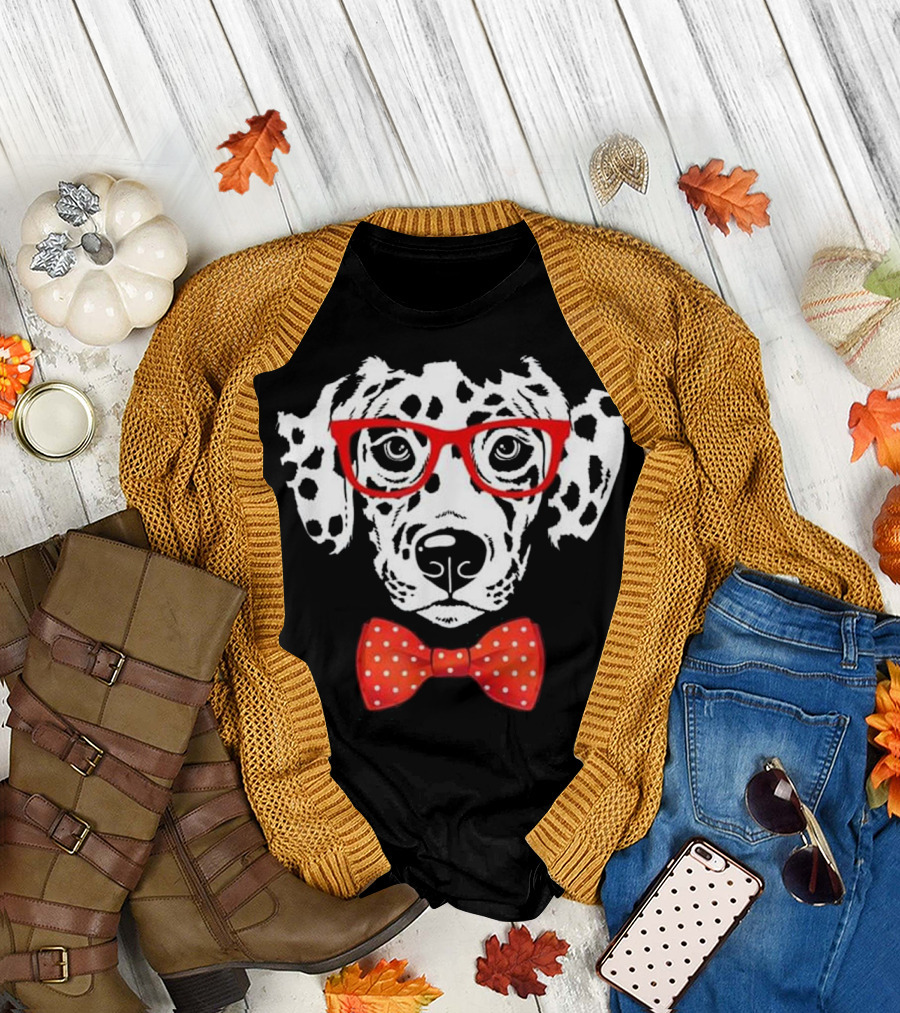 Dalmatian with Red Glasses and Polka Dot Bow Tie T-Shirt