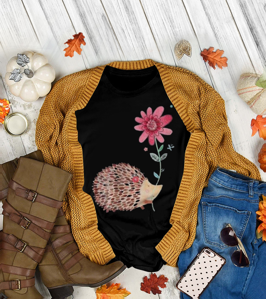 Cute Vintage Hedgehog and Flower T-Shirt