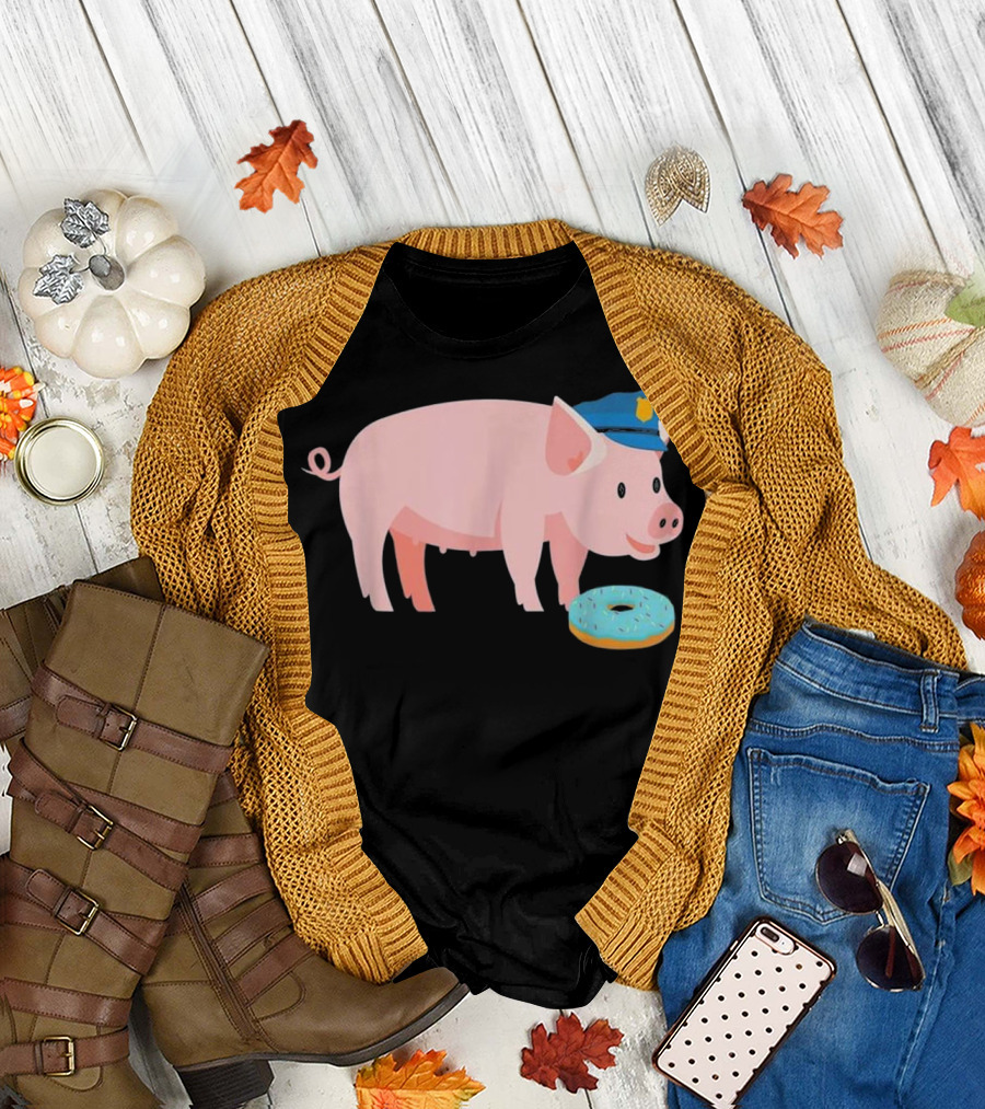 Funny Police Officer Pig Cop and Doughnut Humor T-Shirt