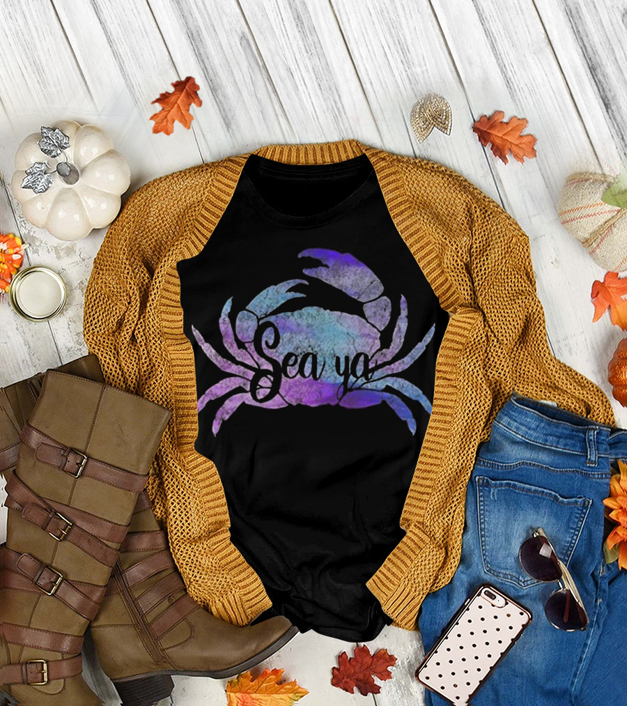 Sea Ya Happy Crab Vintage Beach Sand Shells Retro W T-Shirt
