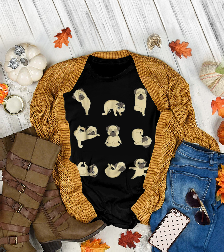 Funny Pug Yoga Positions Cute Canine Poses Collection T-Shirt