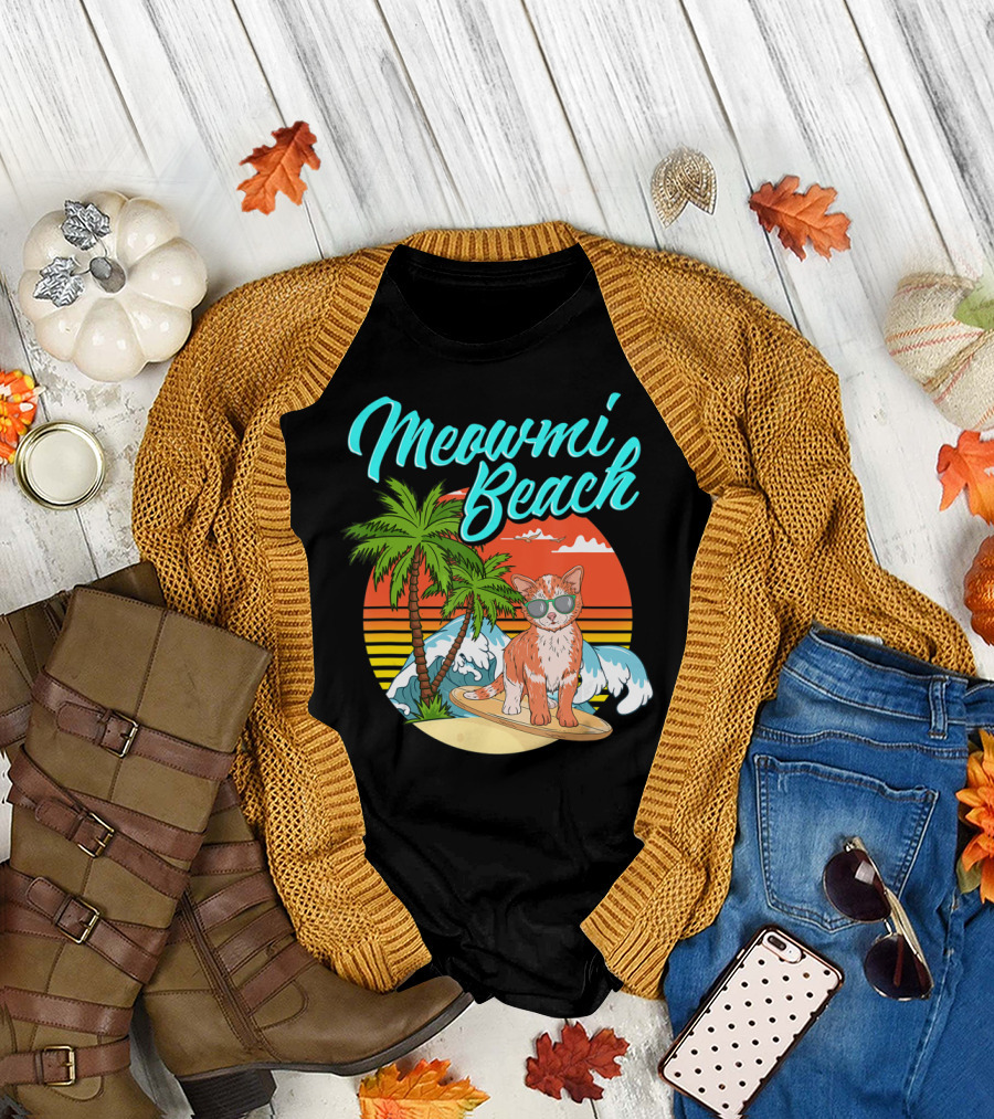 Meowmi Beach Retro Miami Beach Florida Cat Surfing Palm Trees Sunset Waves T-Shirt