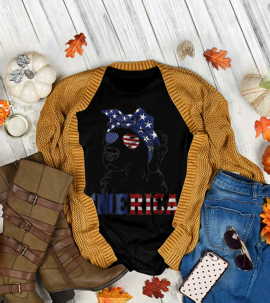 'Merica Patriotic American Flag Golden Retriever with Stars and Stripes Bandana and Sunglasses T-Shirt