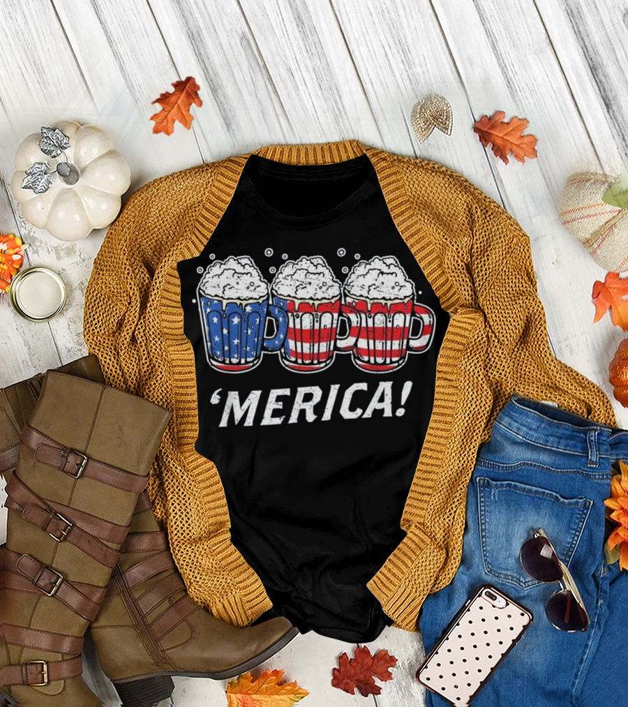 'Merica Beer Mugs USA Flag Funny 4th of July T-Shirt