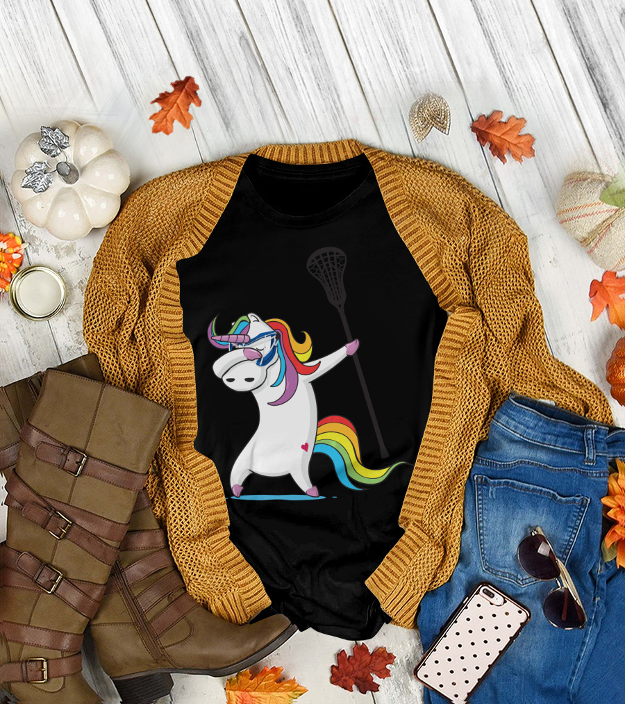 Dabbing Unicorn with Lacrosse Stick Rainbow Mane Girls Funny T-Shirt
