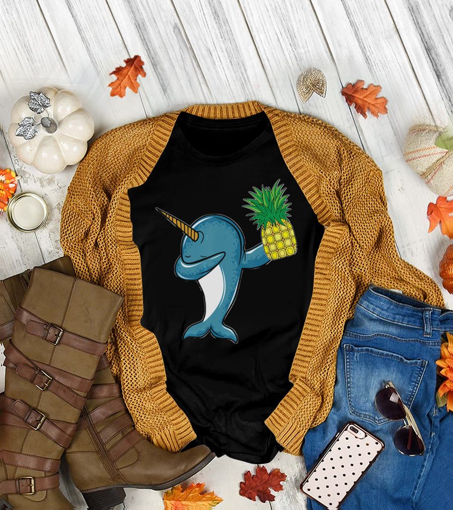 Dabbing Narwhal with Unicorn Horn Holding Pineapple Aloha T-Shirt