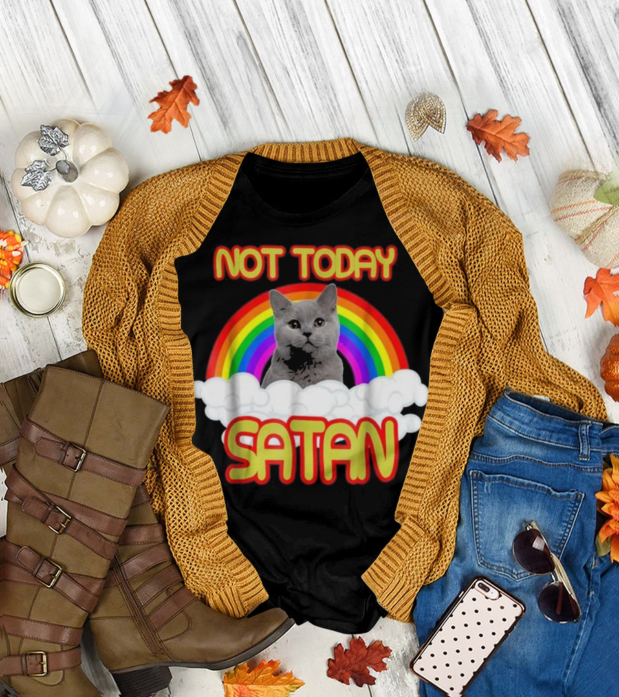 Not Today Satan Rainbow Cat with Clouds and Bright Colors T-Shirt