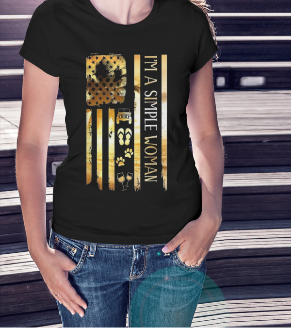 I'm A Simple Woman American Flag Jeeps Wine Flip Flops Paws T-Shirt