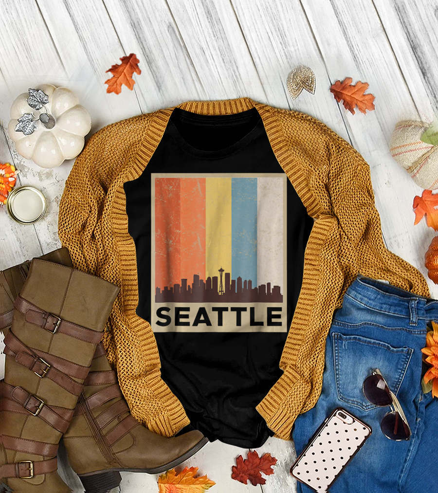 Seattle City Skyline Retro Vint Style Space Needle T-Shirt