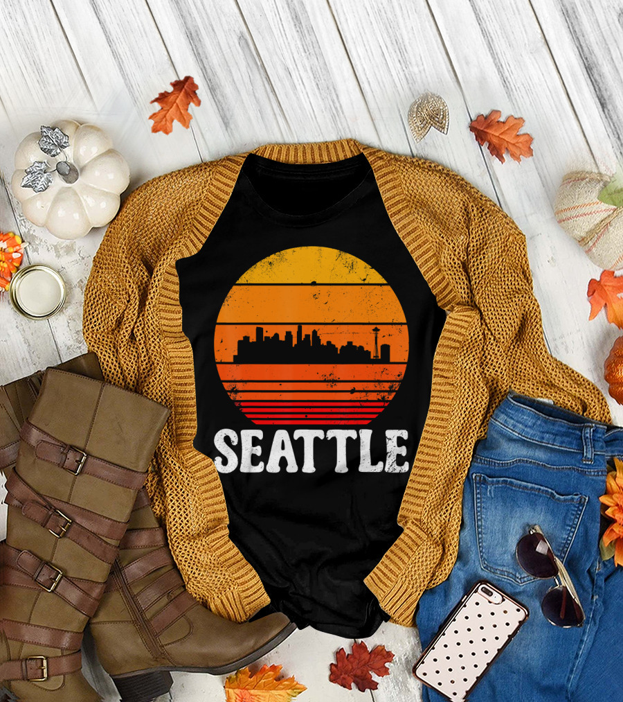 Seattle City Skyline Retro Vintage Sunburst T-Shirt