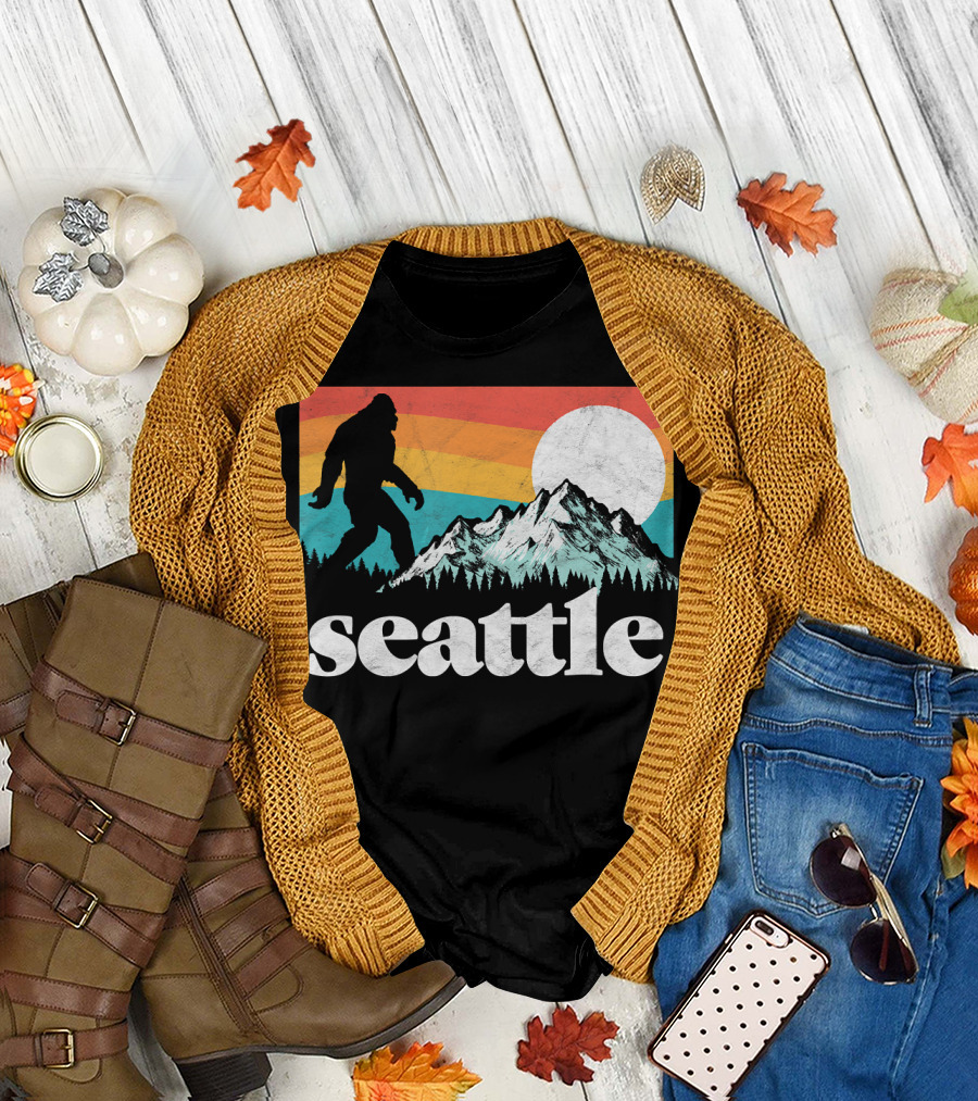 Seattle Retro Bigfoot Mountains Sunset T-Shirt
