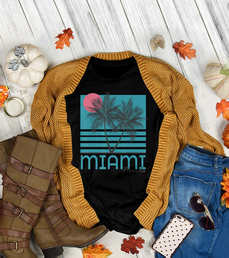 Miami Beach Florida Palm Trees Retro Sunset T-Shirt