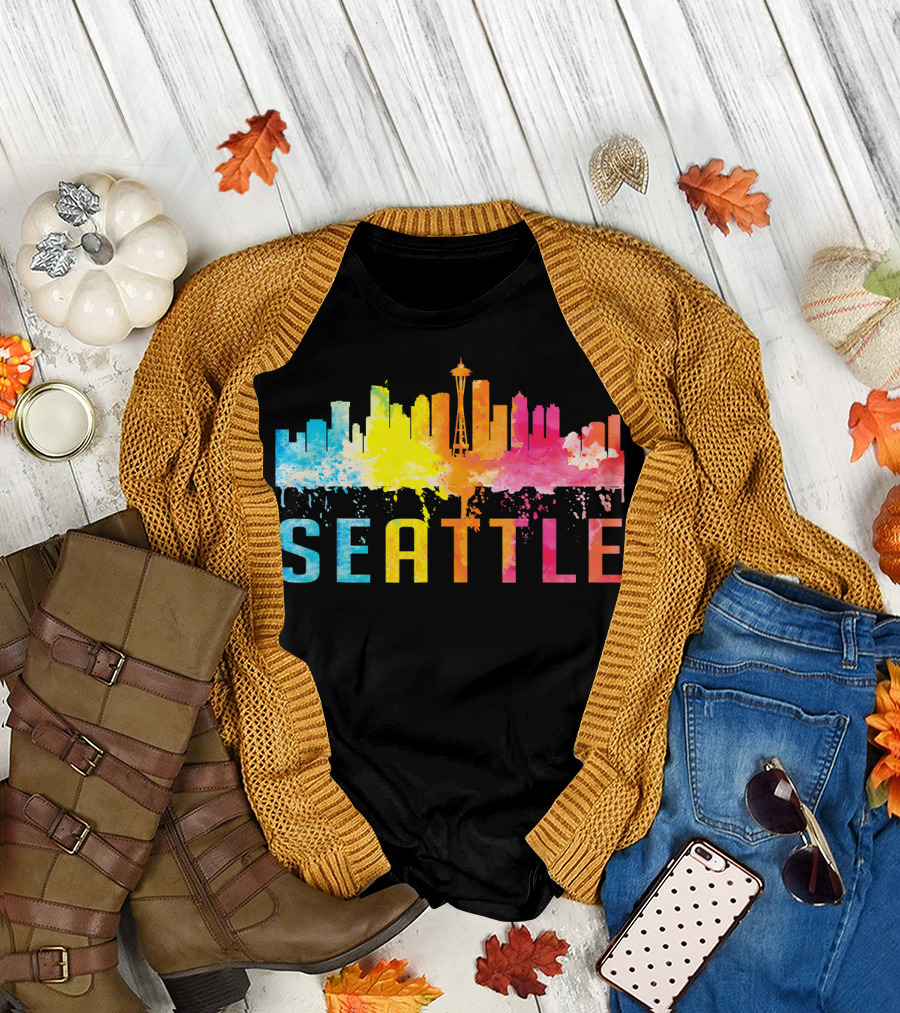 Seattle Washington Retro Watercolor Skyline Seattle T-Shirt