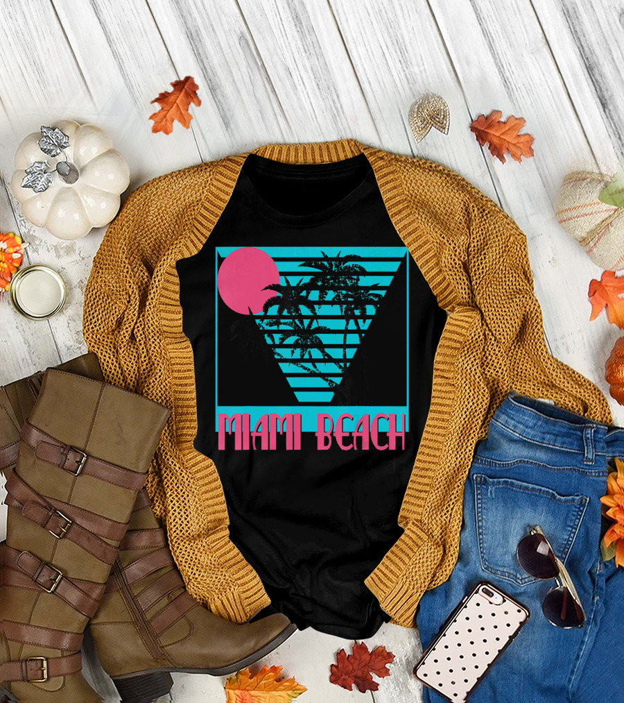 Miami Beach Florida Retro Palm Trees Sunset Stripes T-Shirt