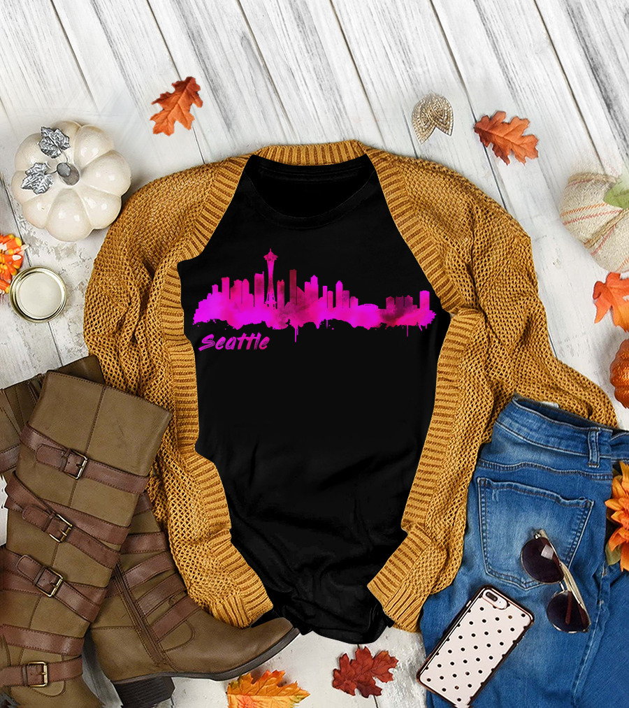 Seattle Washington Skyline Pink Watercolor T-Shirt