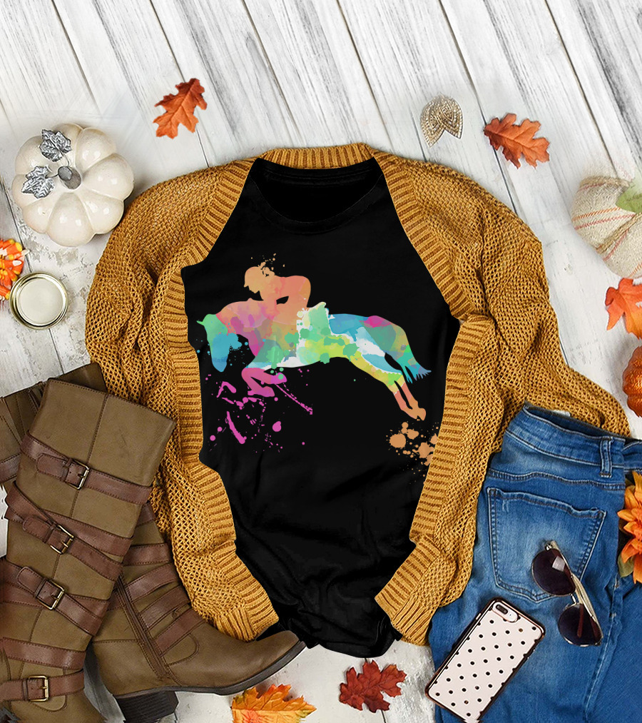 Horseback Rider Jumping in Vibrant Watercolor Splash T-Shirt