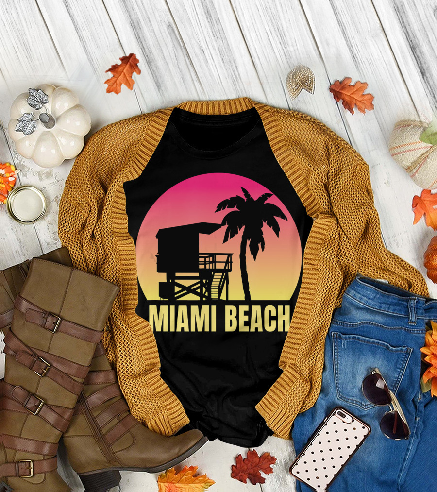 Miami Beach Florida Vacation Souvenir Sunset Palm Tree Lifeguard Tower T-Shirt
