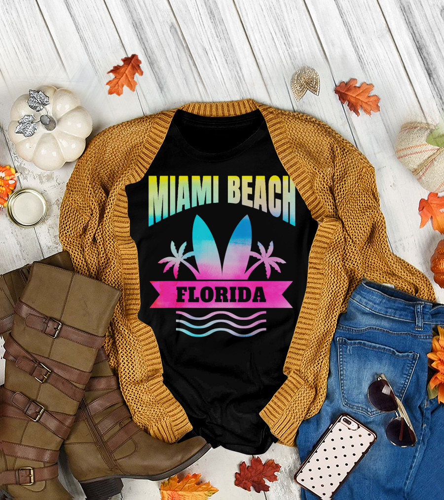 Miami Beach Florida Souvenir Palm Trees Wave T-Shirt