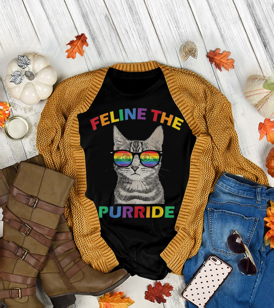 Feline The Purride Rainbow Glasses Cat Gay Pride T-Shirt