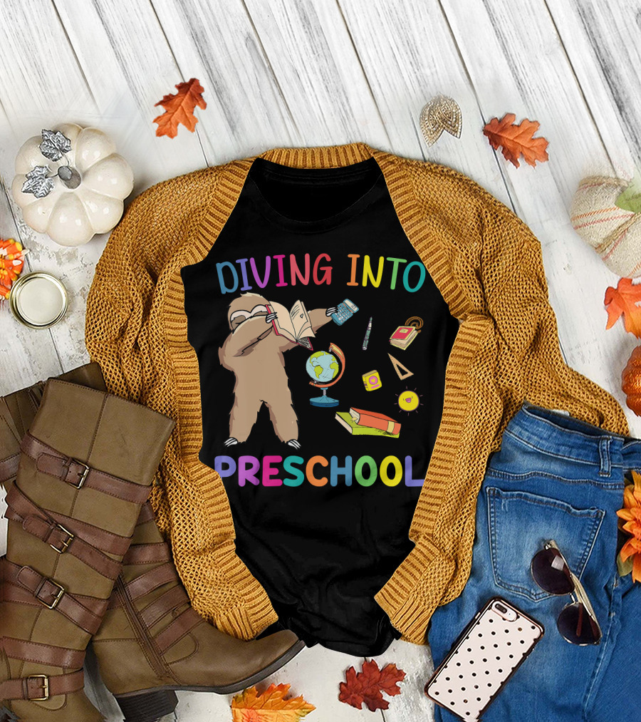 Dabbing Sloth Diving Into Preschool with School Supplies T-Shirt