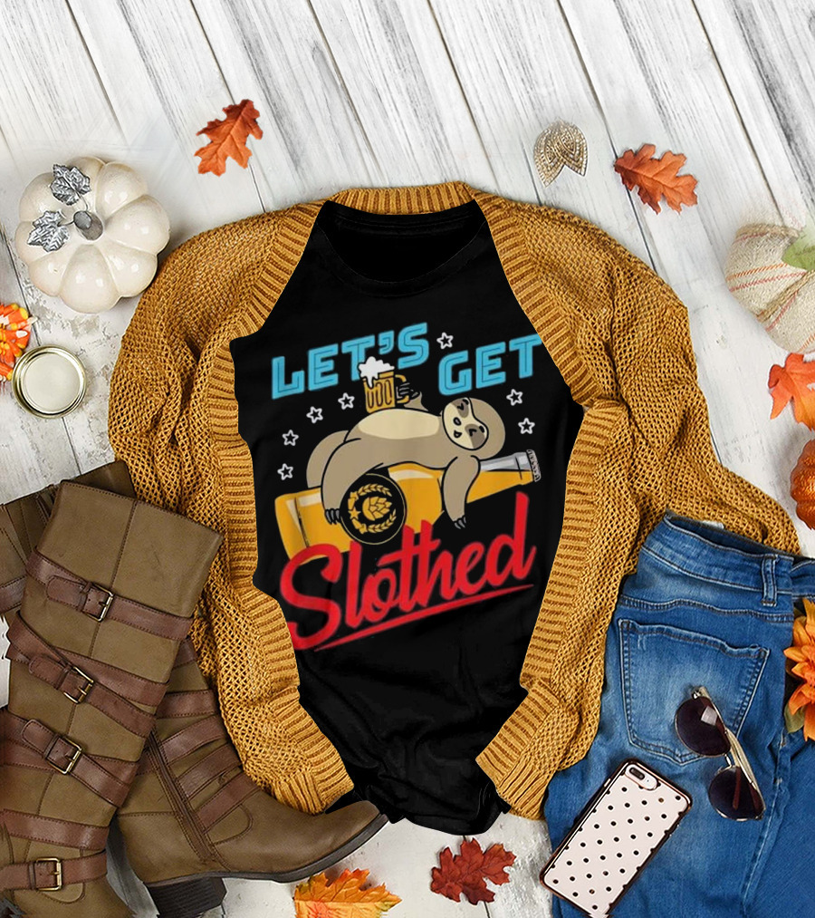 Let's Get Slothed Sloth with Beer Bottle and Mug with Stars T-Shirt