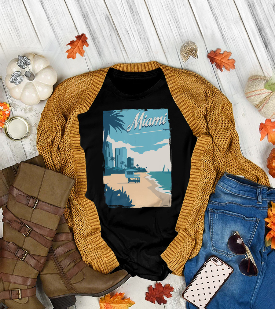 Miami Florida Vintage Travel Beach Scene with Palm Trees and Cityscape T-Shirt