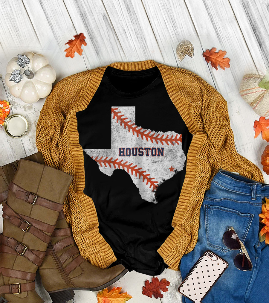 Houston Baseball Vintage Distressed Texas Map Stitch T-Shirt