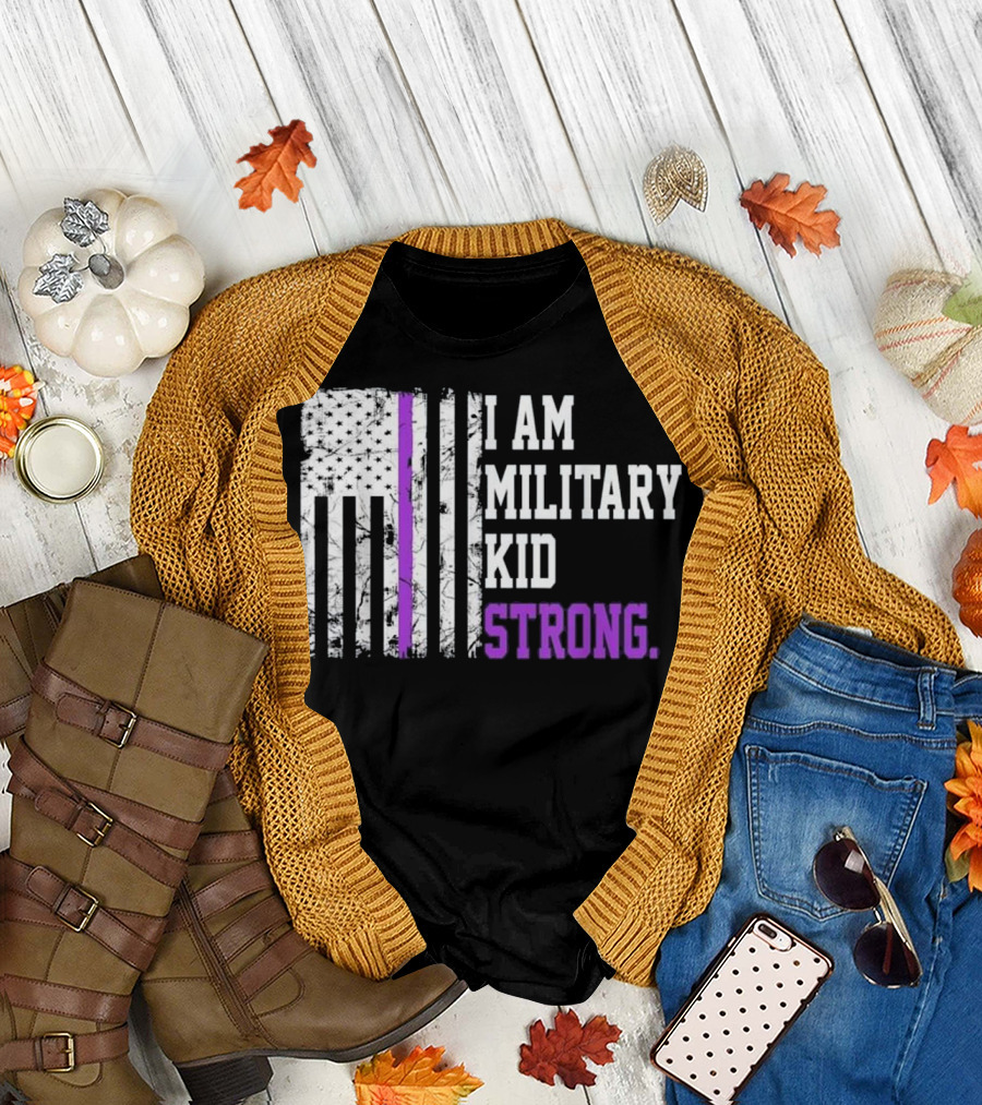 I Am Military Kid Strong American Flag With Purple Line T-Shirt