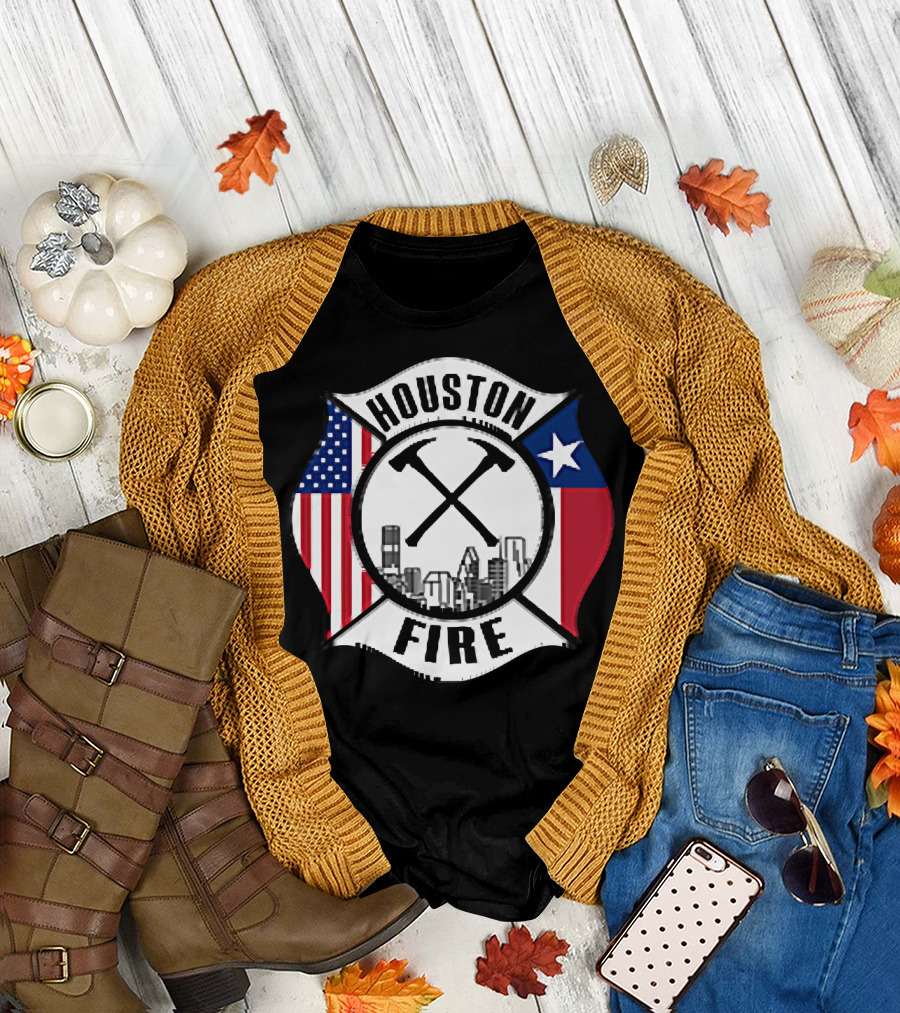 Houston Texas Fire Rescue Department Firef Crossed Axes American Flag Texas Flag Skyline Badge T-Shirt