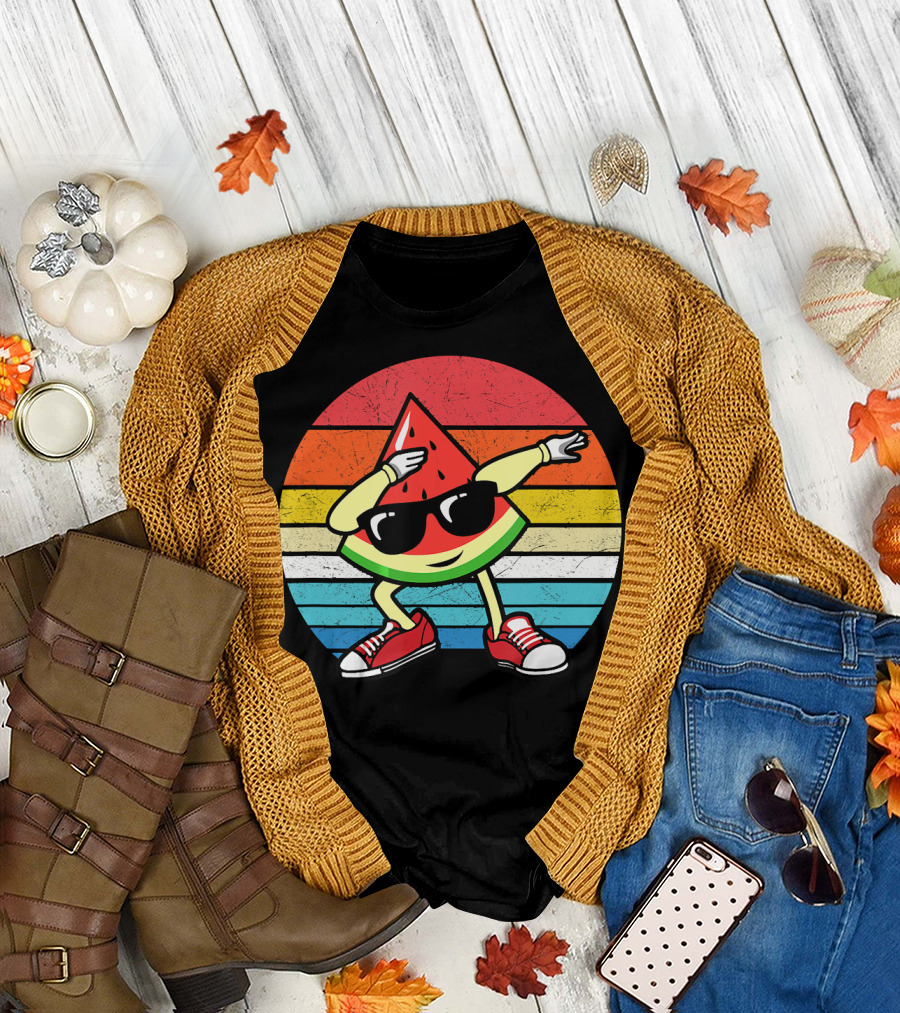 Vintage Summer Dabbing Watermelon with Sunglasses and Retro Stripes T-Shirt