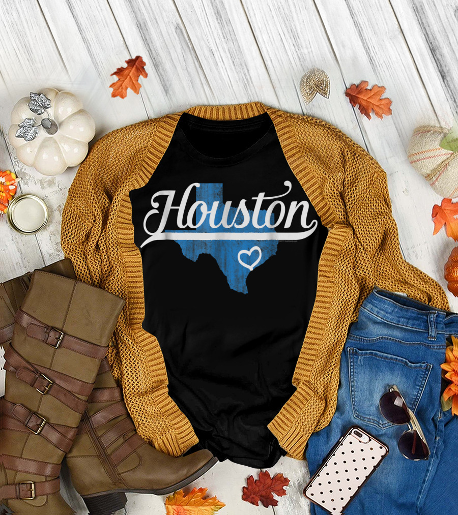 Houston Texas Heart State Pride Souvenir Blue Texas Map with Heart T-Shirt