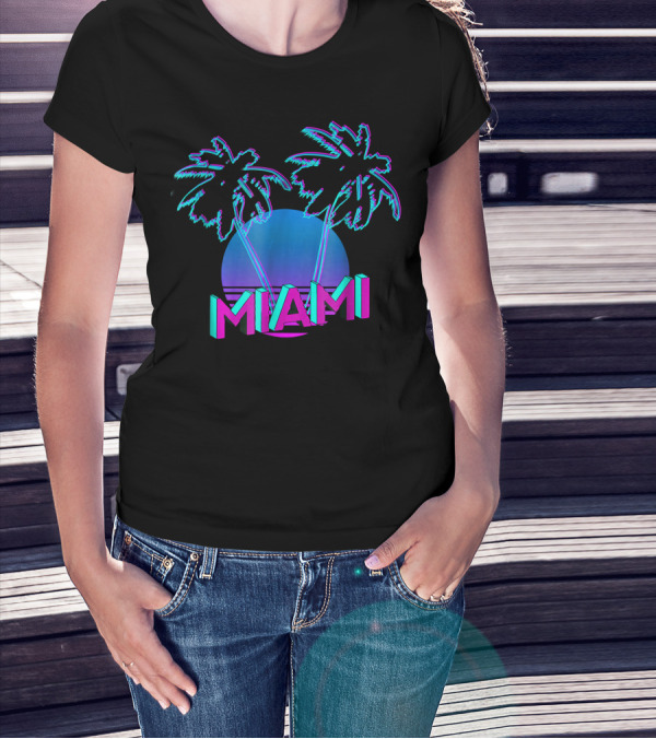 Miami Retro 80s 90s OutRun Vaporware Style With Neon Palm Trees And Sunset T-Shirt