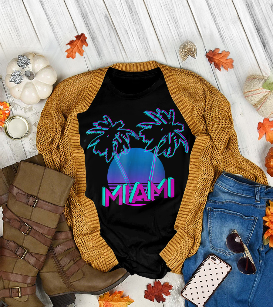 Miami Retro 80s 90s OutRun Vaporware Style with Neon Palm Trees and Sunset T-Shirt