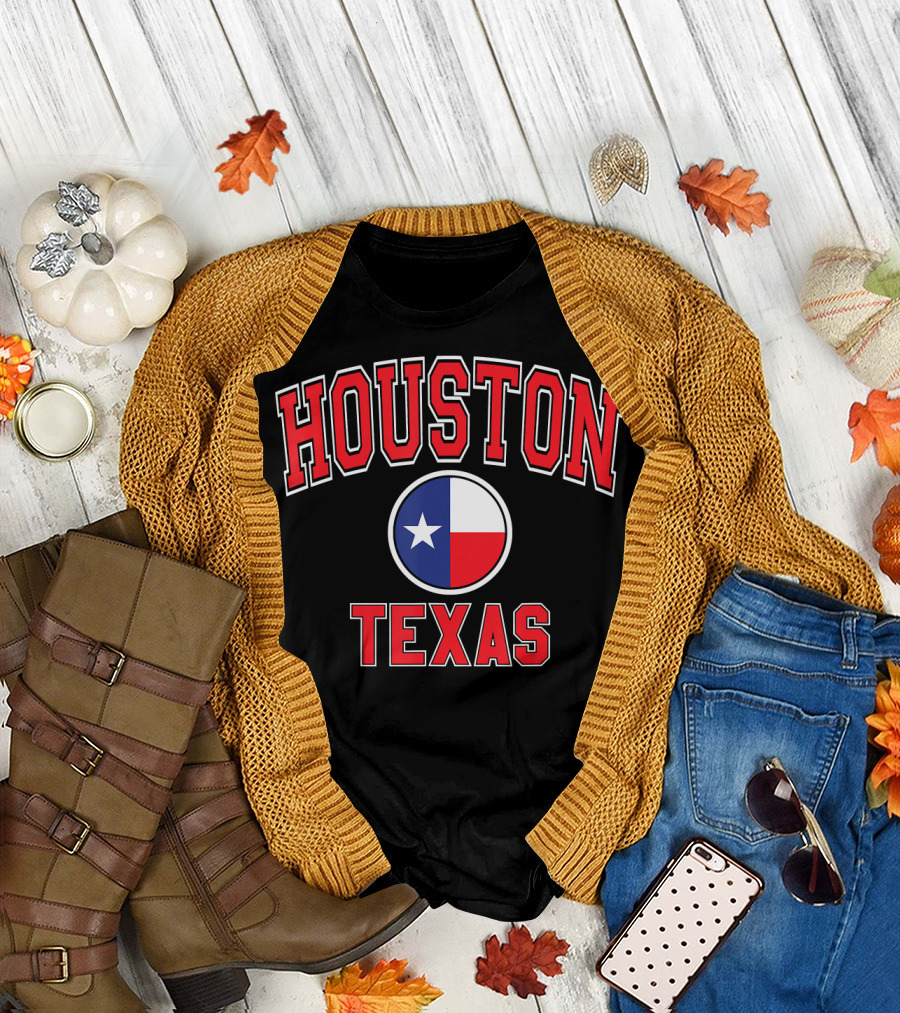 HOUSTON TEXAS Varsity Style Red Text with Texas Flag T-Shirt