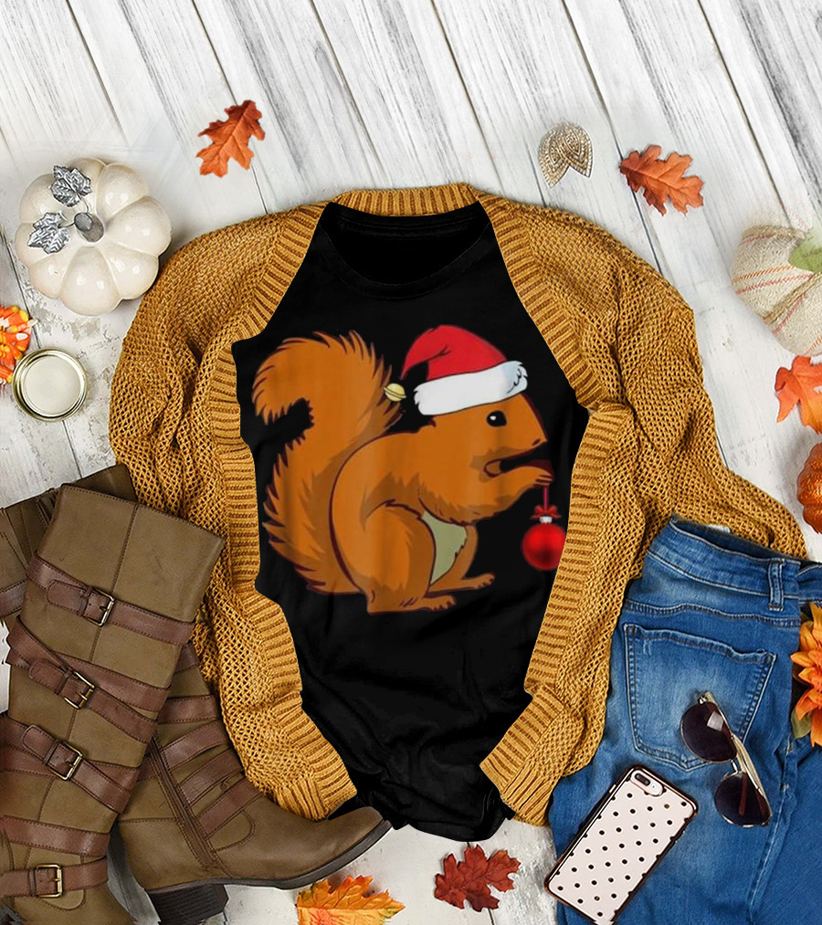Squirrel Holding Christmas Ornament with Santa Hat T-Shirt