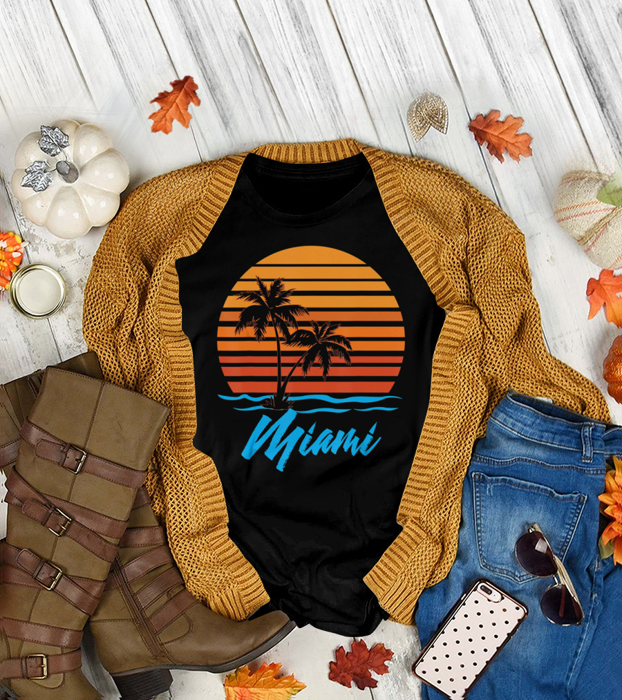 Miami Sunset Palm Trees Beach Vacation Retro Sunstripe T-Shirt