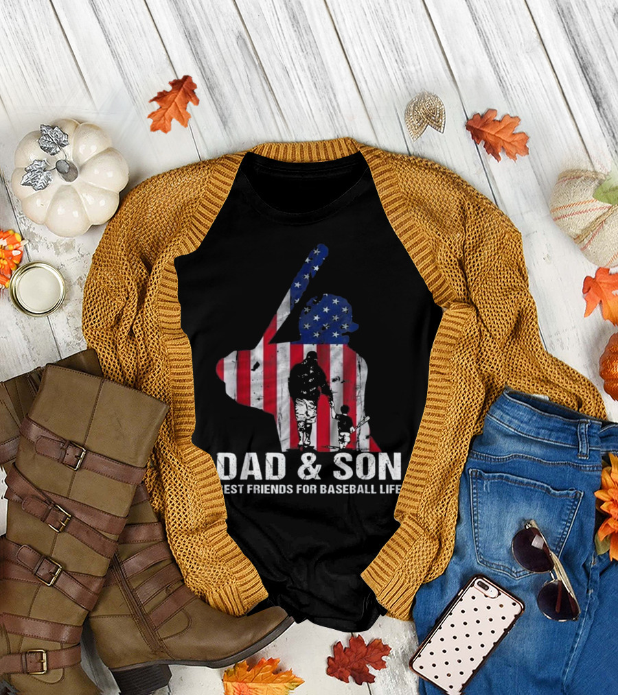 Dad and Son Best Friends For Baseball Life Patriotic Flag T-Shirt
