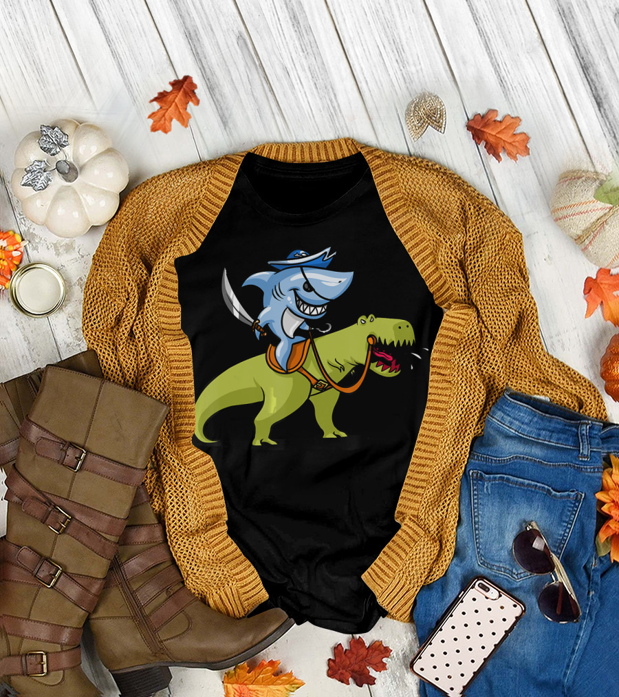 Shark Pirate Riding A T-Rex Dinosaur Fun Adventure T-Shirt