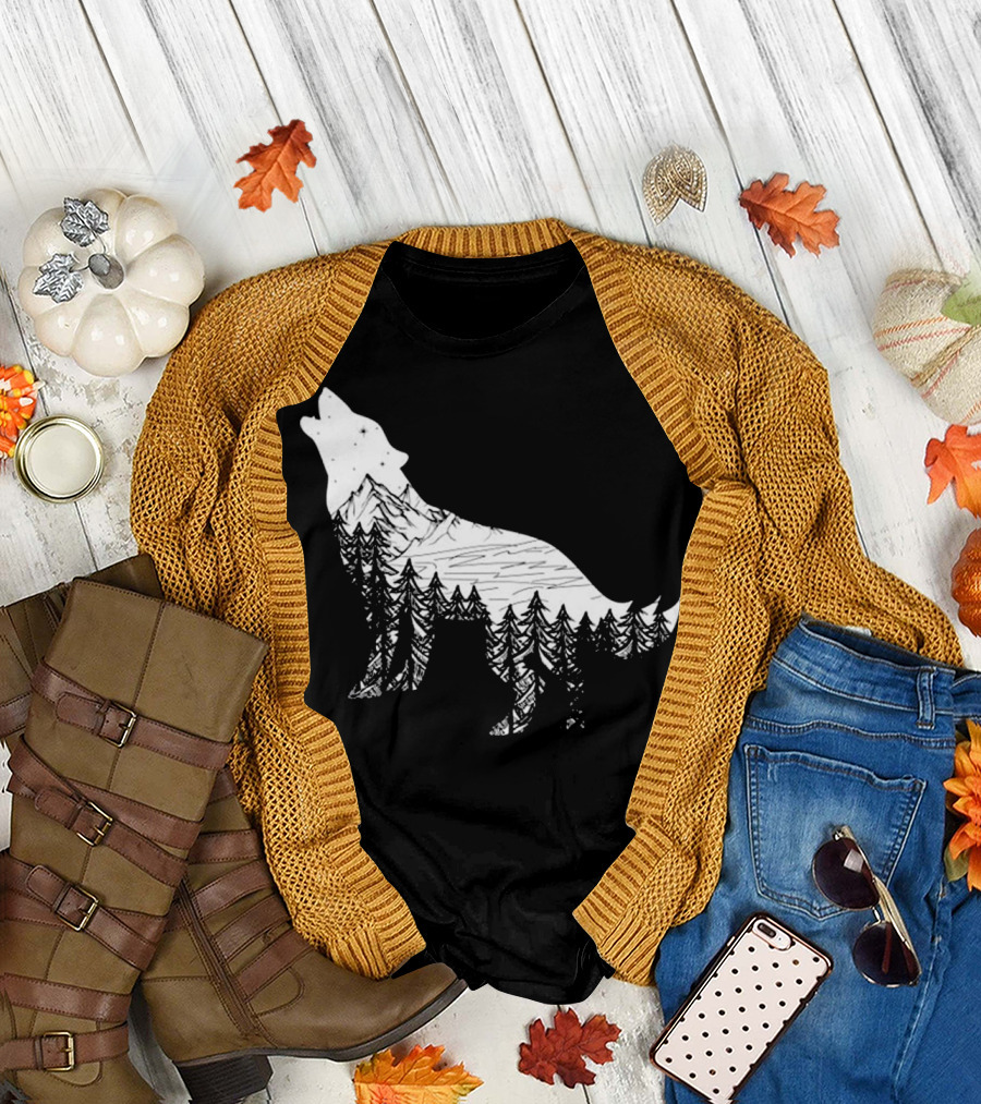 Howling Wolf Forest Landscape with Mountainous Background T-Shirt